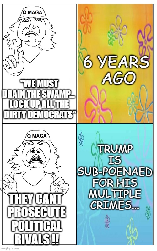 Hypocrisy & Cultism | 6 YEARS
 AGO; "WE MUST DRAIN THE SWAMP... 
LOCK UP ALL THE
 DIRTY DEMOCRATS"; TRUMP IS SUB-POENAED FOR HIS MULTIPLE CRIMES... THEY CANT 
PROSECUTE
 POLITICAL 
RIVALS !! | made w/ Imgflip meme maker