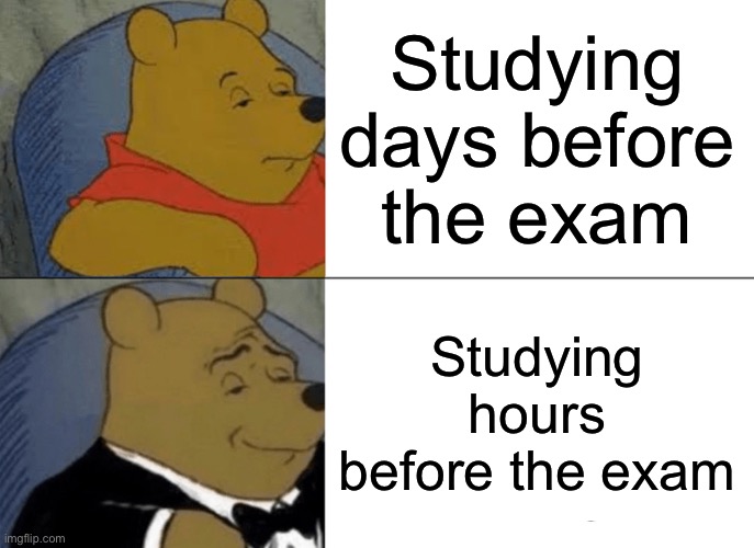 Just the night before the exam u have the knowledge… then u loose all of them at the first question | Studying days before the exam; Studying hours before the exam | image tagged in memes,tuxedo winnie the pooh,school | made w/ Imgflip meme maker