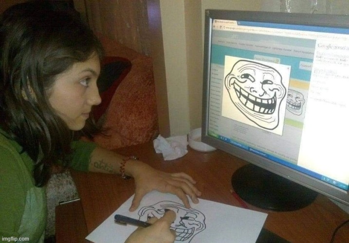 girl trying to draw troll face | image tagged in drawing,troll face | made w/ Imgflip meme maker