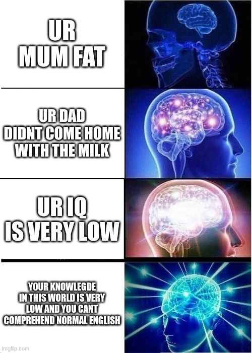 Expanding Brain Meme | UR MUM FAT; UR DAD DIDNT COME HOME WITH THE MILK; UR IQ IS VERY LOW; YOUR KNOWLEGDE IN THIS WORLD IS VERY LOW AND YOU CANT COMPREHEND NORMAL ENGLISH | image tagged in memes,expanding brain | made w/ Imgflip meme maker