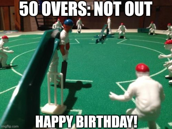 50 overs: not out | 50 OVERS: NOT OUT; HAPPY BIRTHDAY! | image tagged in birthday,cricket,test,games | made w/ Imgflip meme maker