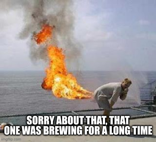 Fart | SORRY ABOUT THAT, THAT ONE WAS BREWING FOR A LONG TIME | image tagged in fart | made w/ Imgflip meme maker