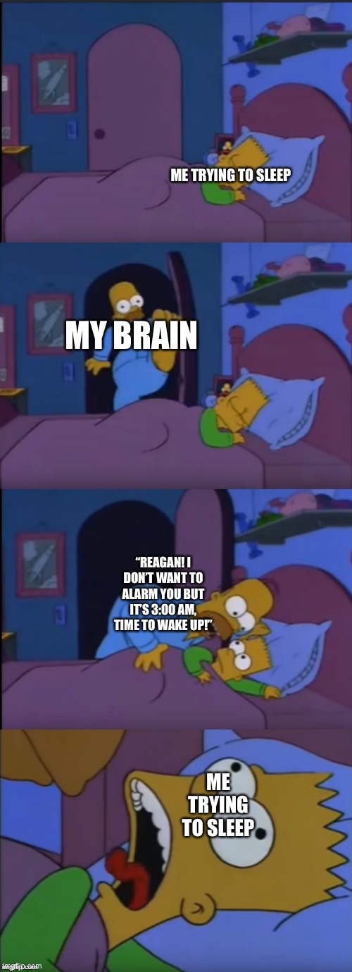 AHHHHHHH | ME TRYING TO SLEEP; MY BRAIN; “REAGAN! I DON’T WANT TO ALARM YOU BUT IT’S 3:00 AM, TIME TO WAKE UP!”; ME TRYING TO SLEEP | image tagged in bart i don't want to alarm you | made w/ Imgflip meme maker