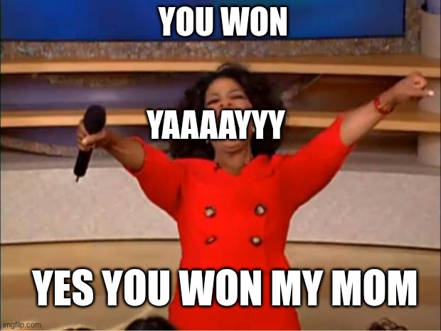 Oprah You Get A Meme | YOU WON; YAAAAYYY; YES YOU WON MY MOM | image tagged in memes,oprah you get a | made w/ Imgflip meme maker