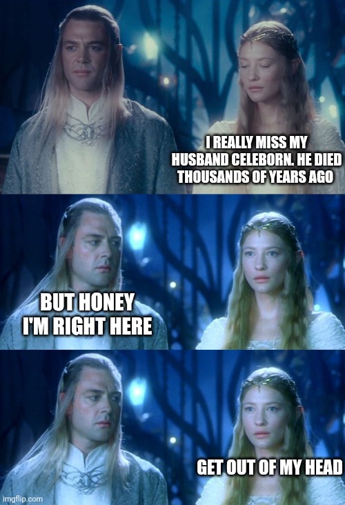 Celeborn and Galadriel, rings of power and lotr  logic | I REALLY MISS MY HUSBAND CELEBORN. HE DIED THOUSANDS OF YEARS AGO; BUT HONEY I'M RIGHT HERE; GET OUT OF MY HEAD | image tagged in lord of the rings,rings of power,galadriel | made w/ Imgflip meme maker