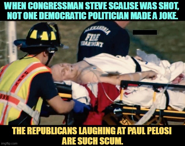 WHEN CONGRESSMAN STEVE SCALISE WAS SHOT, 
NOT ONE DEMOCRATIC POLITICIAN MADE A JOKE. THE REPUBLICANS LAUGHING AT PAUL PELOSI 
ARE SUCH SCUM. | image tagged in democrats,serious,republicans,silly,children,nancy pelosi | made w/ Imgflip meme maker