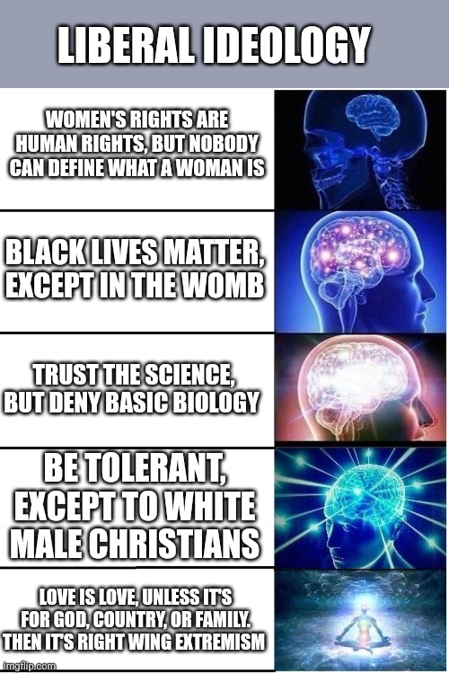 Expanding Brain 5 Panel | LIBERAL IDEOLOGY; WOMEN'S RIGHTS ARE HUMAN RIGHTS, BUT NOBODY CAN DEFINE WHAT A WOMAN IS; BLACK LIVES MATTER, EXCEPT IN THE WOMB; TRUST THE SCIENCE, BUT DENY BASIC BIOLOGY; BE TOLERANT, EXCEPT TO WHITE MALE CHRISTIANS; LOVE IS LOVE, UNLESS IT'S FOR GOD, COUNTRY, OR FAMILY. THEN IT'S RIGHT WING EXTREMISM | image tagged in expanding brain 5 panel | made w/ Imgflip meme maker
