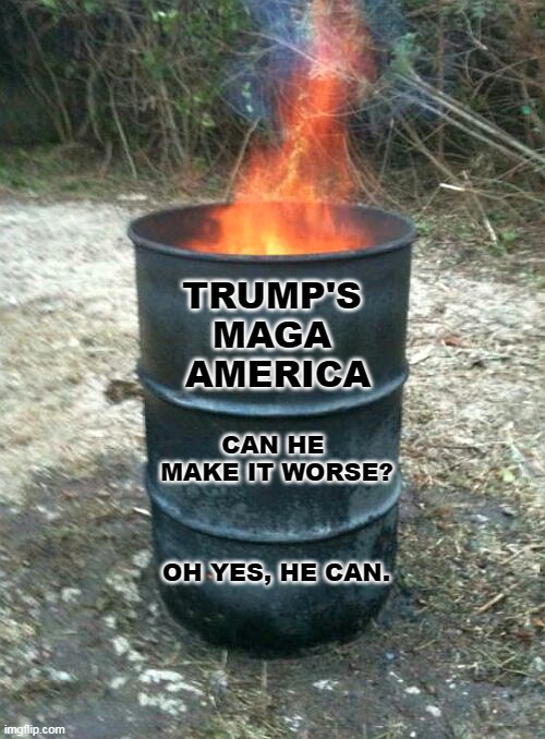 He can make anything worse. That's his only gift. | TRUMP'S 
MAGA 
AMERICA; CAN HE 
MAKE IT WORSE? OH YES, HE CAN. | image tagged in trump,maga,america,dumpster fire | made w/ Imgflip meme maker