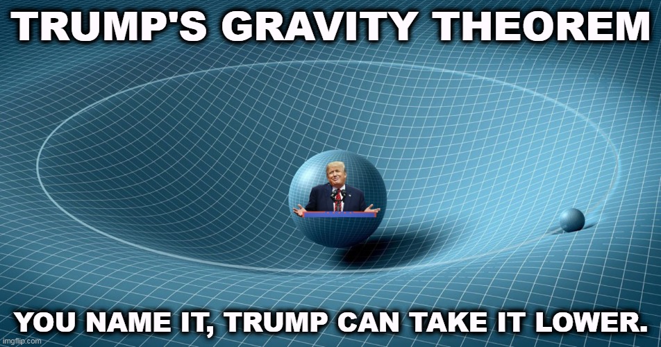 TRUMP'S GRAVITY THEOREM; YOU NAME IT, TRUMP CAN TAKE IT LOWER. | image tagged in trump,gravity,too damn low | made w/ Imgflip meme maker