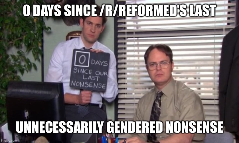 days since our last | 0 DAYS SINCE /R/REFORMED’S LAST; UNNECESSARILY GENDERED NONSENSE | image tagged in days since our last | made w/ Imgflip meme maker