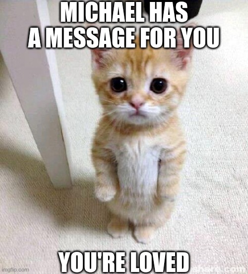 Michael has a message | MICHAEL HAS A MESSAGE FOR YOU; YOU'RE LOVED | image tagged in memes,cute cat,furry | made w/ Imgflip meme maker