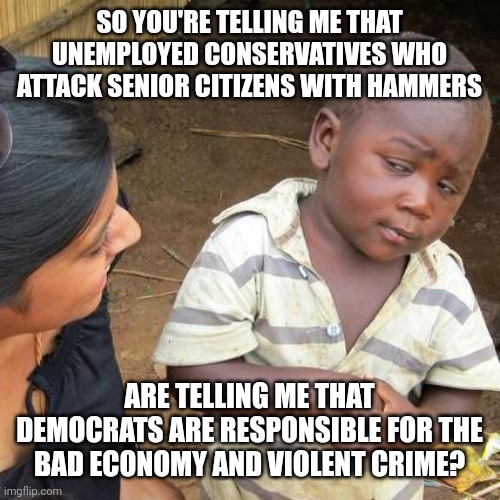 You know red hats are guilty of something when they accuse Democrats of doing it | SO YOU'RE TELLING ME THAT UNEMPLOYED CONSERVATIVES WHO ATTACK SENIOR CITIZENS WITH HAMMERS; ARE TELLING ME THAT DEMOCRATS ARE RESPONSIBLE FOR THE BAD ECONOMY AND VIOLENT CRIME? | image tagged in memes,third world skeptical kid,conservative hypocrisy,scumbag republicans,terrorists,criminals | made w/ Imgflip meme maker