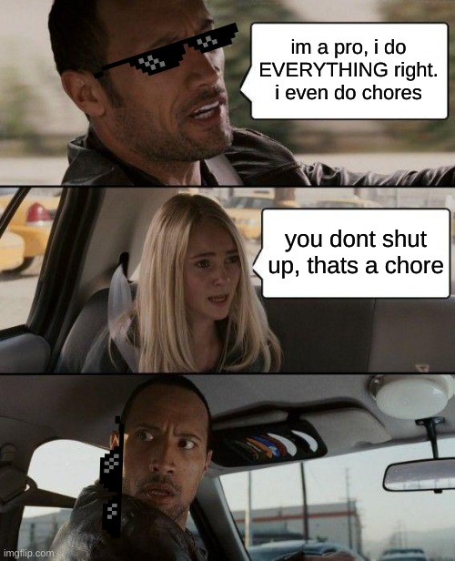 im a pro! | im a pro, i do EVERYTHING right. i even do chores; you dont shut up, thats a chore | image tagged in memes,the rock driving,problems,chores | made w/ Imgflip meme maker