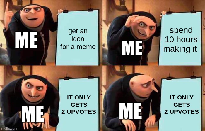 upvote plz | get an idea for a meme; spend 10 hours making it; ME; ME; IT ONLY GETS 2 UPVOTES; IT ONLY GETS 2 UPVOTES; ME; ME | image tagged in memes,gru's plan | made w/ Imgflip meme maker
