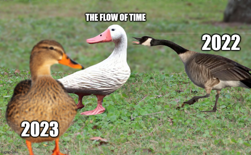 New Years Distracted Time | THE FLOW OF TIME; 2022; 2023 | image tagged in distracted boyfriend,duckfriend,distracted duckfriend | made w/ Imgflip meme maker