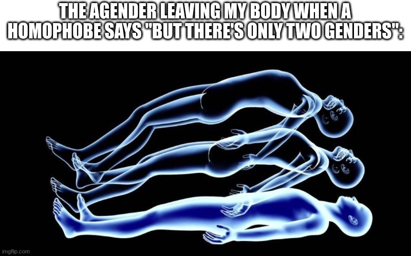 Leaving my body | THE AGENDER LEAVING MY BODY WHEN A HOMOPHOBE SAYS "BUT THERE'S ONLY TWO GENDERS": | image tagged in leaving my body | made w/ Imgflip meme maker