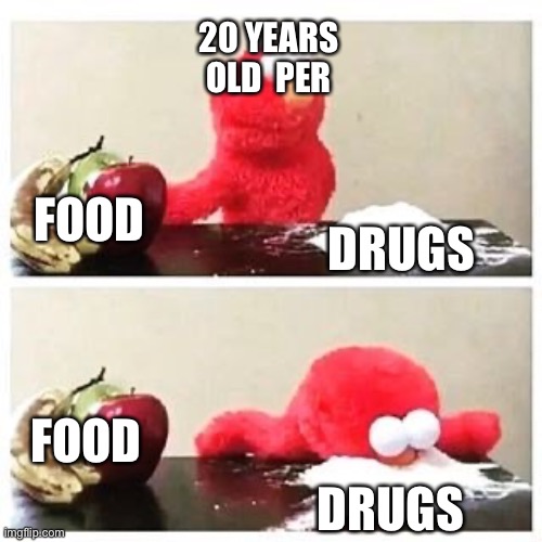 elmo cocaine | 20 YEARS OLD  PERSON; FOOD; DRUGS; FOOD; DRUGS | image tagged in elmo cocaine | made w/ Imgflip meme maker