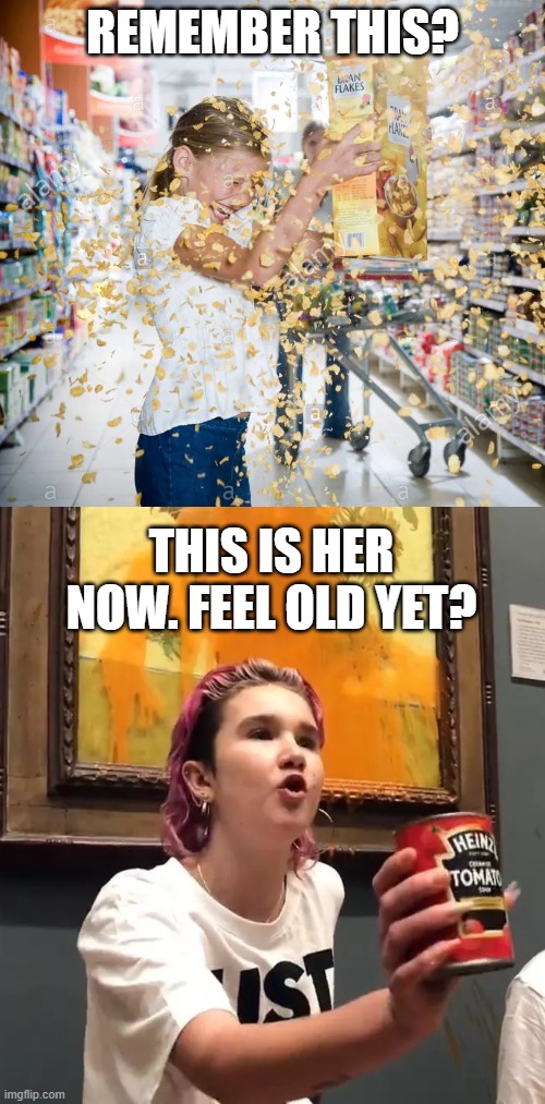 These kids have nothing tangible to fight for, so they throw tantrums like babies. | REMEMBER THIS? THIS IS HER NOW. FEEL OLD YET? | image tagged in memes,climate,zoomers,tantrums,snowflakes | made w/ Imgflip meme maker