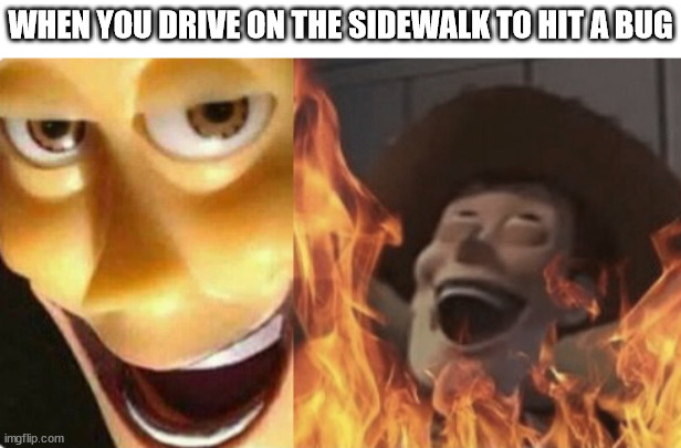 Satanic woody (no spacing) | WHEN YOU DRIVE ON THE SIDEWALK TO HIT A BUG | image tagged in satanic woody no spacing | made w/ Imgflip meme maker