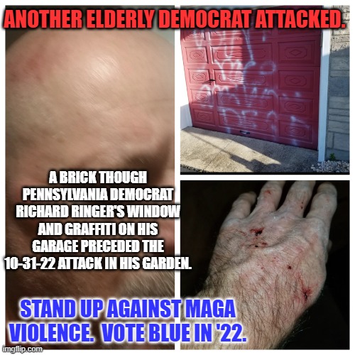 A "large man," beat 69-year-old Richard Ringer unconscious in his garden. | ANOTHER ELDERLY DEMOCRAT ATTACKED. A BRICK THOUGH PENNSYLVANIA DEMOCRAT RICHARD RINGER'S WINDOW AND GRAFFITI ON HIS GARAGE PRECEDED THE 10-31-22 ATTACK IN HIS GARDEN. STAND UP AGAINST MAGA VIOLENCE.  VOTE BLUE IN '22. | image tagged in politics | made w/ Imgflip meme maker