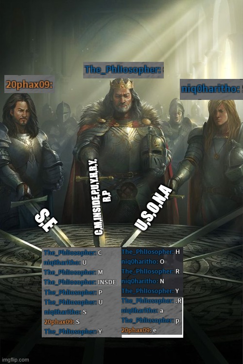 Knights of the Round Table | C,M,INSIDE,P,U,Y.H,R,Y, R,P; U,S,O,N,A; S,E | image tagged in knights of the round table | made w/ Imgflip meme maker