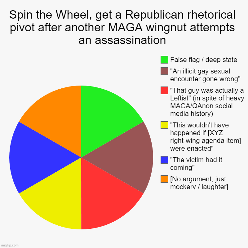DARVO 101 | Spin the Wheel, get a Republican rhetorical pivot after another MAGA wingnut attempts an assassination | [No argument, just mockery / laught | image tagged in charts,pie charts,darvo,terrorism,conservative logic,conservative hypocrisy | made w/ Imgflip chart maker