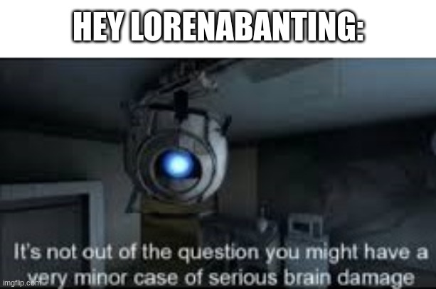 if you don't know who LorenaBanting is, don't even bother looking at their posts spare your braincells... | HEY LORENABANTING: | image tagged in wheatley serious braindamage | made w/ Imgflip meme maker