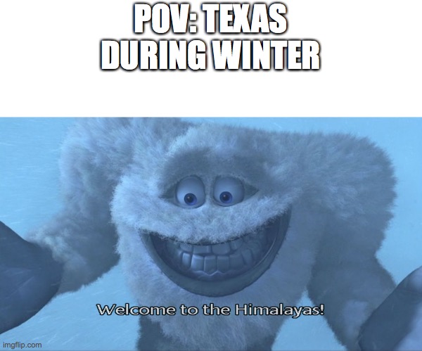 Welcome to the himalayas | POV: TEXAS DURING WINTER | image tagged in welcome to the himalayas | made w/ Imgflip meme maker