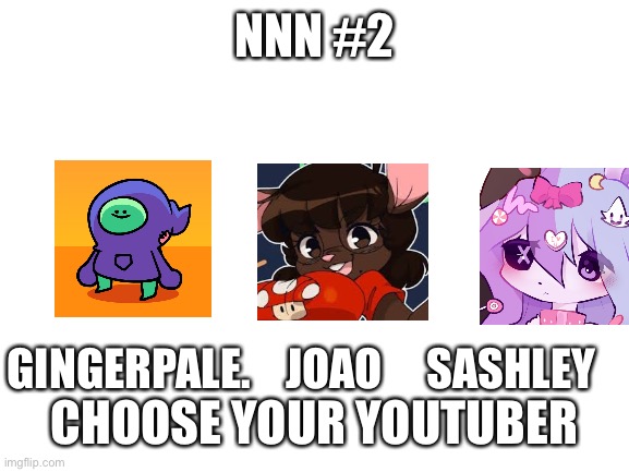 Blank White Template | NNN #2; GINGERPALE.    JOAO     SASHLEY; CHOOSE YOUR YOUTUBER | image tagged in blank white template | made w/ Imgflip meme maker