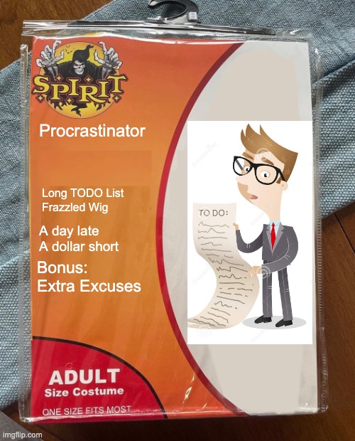 Am I too late for this? | Procrastinator; Long TODO List
Frazzled Wig; A day late
A dollar short; Bonus:
Extra Excuses | image tagged in spirit halloween | made w/ Imgflip meme maker