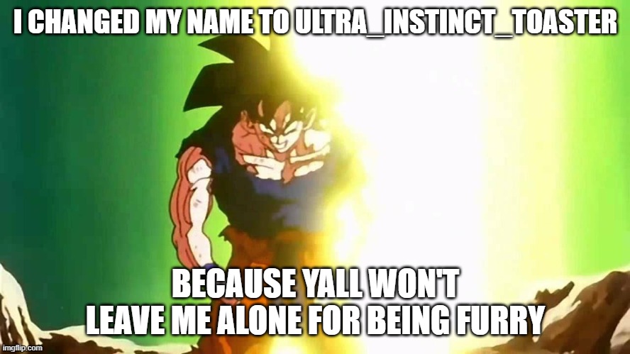 yep | I CHANGED MY NAME TO ULTRA_INSTINCT_TOASTER; BECAUSE YALL WON'T LEAVE ME ALONE FOR BEING FURRY | image tagged in angry goku | made w/ Imgflip meme maker