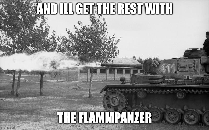 Forget ze flammenwerfer Hans! Get Ze Flammpanzer! | AND ILL GET THE REST WITH THE FLAMMPANZER | image tagged in forget ze flammenwerfer hans get ze flammpanzer | made w/ Imgflip meme maker