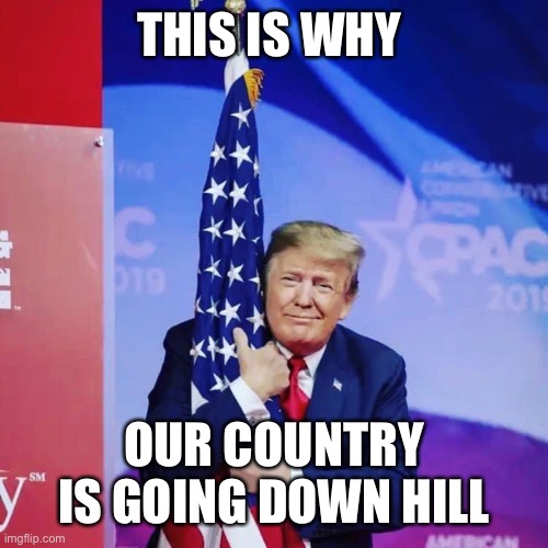 President Donald Trump hugging USA Flag | THIS IS WHY; OUR COUNTRY IS GOING DOWN HILL | image tagged in president donald trump hugging usa flag | made w/ Imgflip meme maker