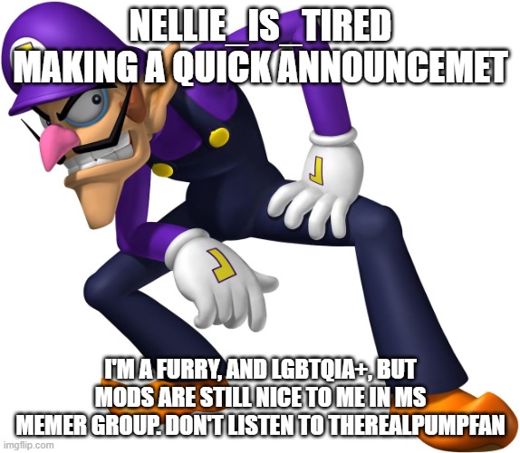 Waluigi | NELLIE_IS_TIRED MAKING A QUICK ANNOUNCEMET; I'M A FURRY, AND LGBTQIA+, BUT MODS ARE STILL NICE TO ME IN MS MEMER GROUP. DON'T LISTEN TO THEREALPUMPFAN | image tagged in waluigi,callout post | made w/ Imgflip meme maker