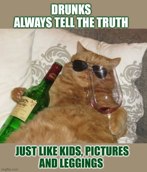 This #lolcat wonders if you know who always states the truth | DRUNKS 
ALWAYS TELL THE TRUTH; JUST LIKE KIDS, PICTURES
AND LEGGINGS | image tagged in the truth,lolcat,think about it | made w/ Imgflip meme maker