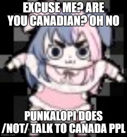 gremlin time | EXCUSE ME? ARE YOU CANADIAN? OH NO; PUNKALOPI DOES /NOT/ TALK TO CANADA PPL | image tagged in gremlin time | made w/ Imgflip meme maker