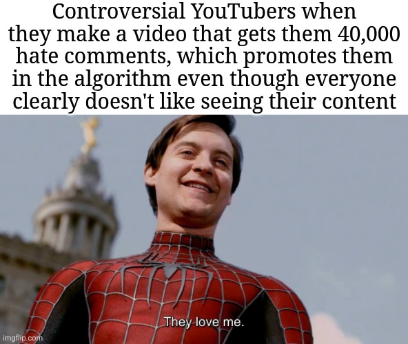 They Love Me | Controversial YouTubers when they make a video that gets them 40,000 hate comments, which promotes them in the algorithm even though everyone clearly doesn't like seeing their content | image tagged in they love me | made w/ Imgflip meme maker