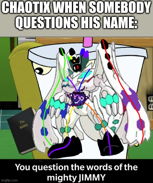 CHAOTIX WHEN SOMEBODY QUESTIONS HIS NAME: | image tagged in you question the words of the mighty jimmy | made w/ Imgflip meme maker