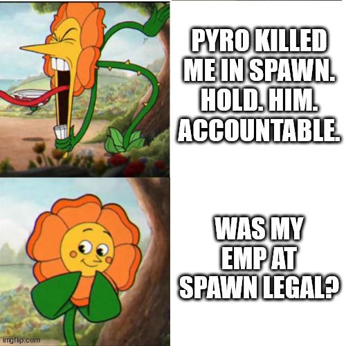 Cuphead Flower | PYRO KILLED ME IN SPAWN. HOLD. HIM. ACCOUNTABLE. WAS MY EMP AT SPAWN LEGAL? | image tagged in cuphead flower | made w/ Imgflip meme maker