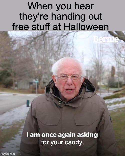 Free Candy | When you hear they're handing out free stuff at Halloween; for your candy. | image tagged in memes,bernie i am once again asking for your support | made w/ Imgflip meme maker