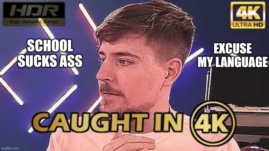 I hate school | EXCUSE MY LANGUAGE; SCHOOL SUCKS ASS | image tagged in caught in 4k mrbeast | made w/ Imgflip meme maker