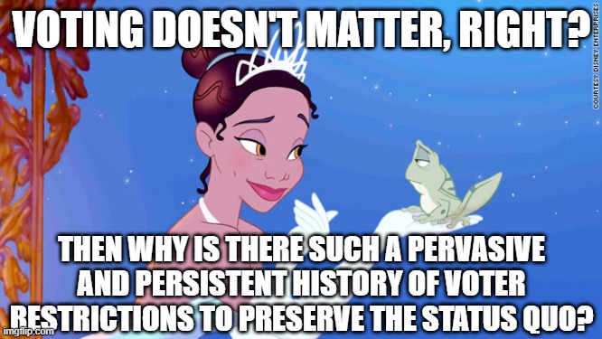 voting doesn't matter | VOTING DOESN'T MATTER, RIGHT? THEN WHY IS THERE SUCH A PERVASIVE AND PERSISTENT HISTORY OF VOTER RESTRICTIONS TO PRESERVE THE STATUS QUO? | image tagged in princess tianna speaks | made w/ Imgflip meme maker