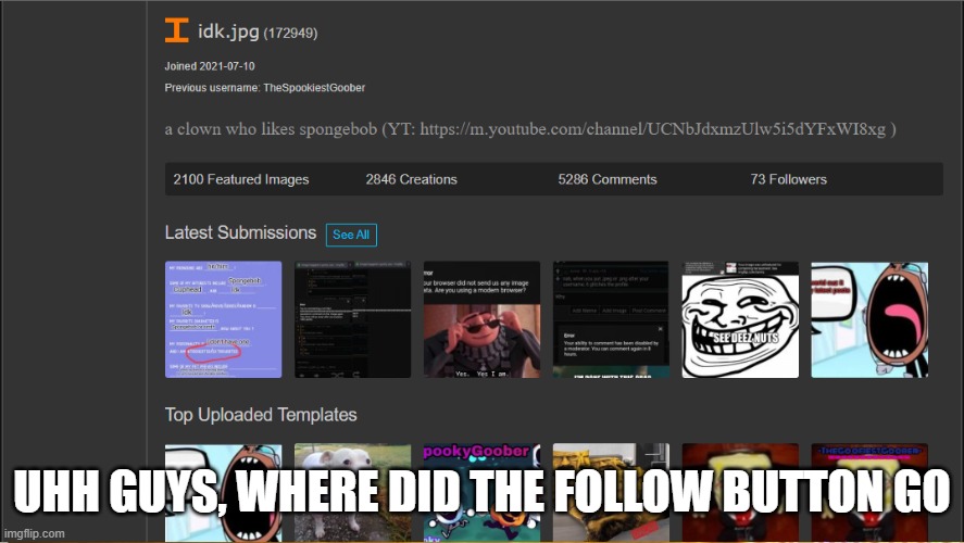 UHH GUYS, WHERE DID THE FOLLOW BUTTON GO | made w/ Imgflip meme maker
