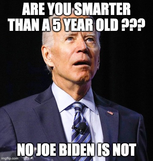 Joe Biden | ARE YOU SMARTER THAN A 5 YEAR OLD ??? NO JOE BIDEN IS NOT | image tagged in joe biden | made w/ Imgflip meme maker