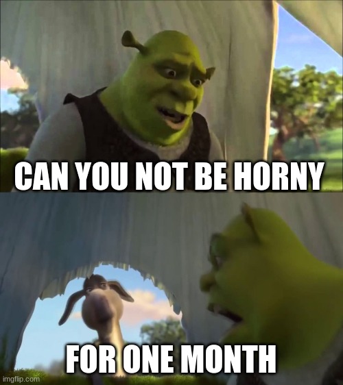 shrek five minutes | CAN YOU NOT BE HORNY; FOR ONE MONTH | image tagged in shrek five minutes | made w/ Imgflip meme maker