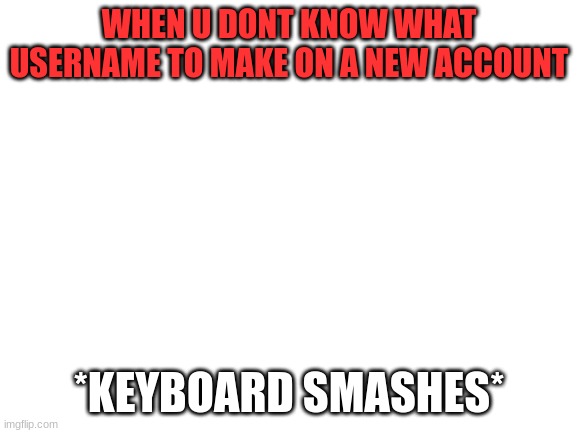 im not new to imgflip i just made a new account and am not going to put any effort into anything i was just bored | WHEN U DONT KNOW WHAT USERNAME TO MAKE ON A NEW ACCOUNT; *KEYBOARD SMASHES* | image tagged in blank white template | made w/ Imgflip meme maker