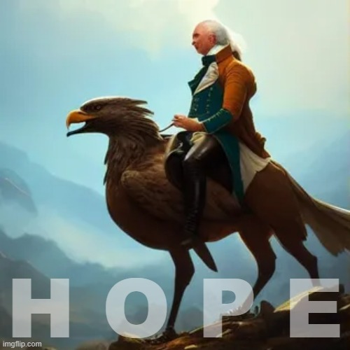 Alexander Hamilton riding a bald eagle to glory (pro-bank propaganda) | H O P E | image tagged in alexander hamilton riding a bald eagle to glory,pro-bank propaganda,h,o,p,e | made w/ Imgflip meme maker