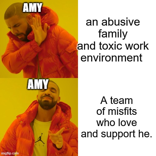 amy age of mystery | AMY; an abusive family and toxic work environment; AMY; A team of misfits who love and support he. | image tagged in memes,drake hotline bling | made w/ Imgflip meme maker