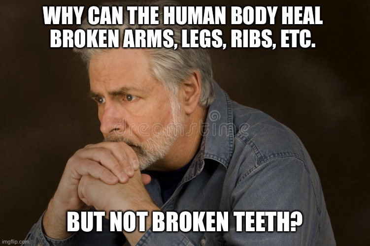 One of lifes great mysteries | WHY CAN THE HUMAN BODY HEAL BROKEN ARMS, LEGS, RIBS, ETC. BUT NOT BROKEN TEETH? | image tagged in deep thought,memes,so true,funny | made w/ Imgflip meme maker