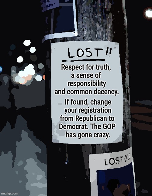 Respect for truth, 
a sense of 
responsibility and common decency. If found, change your registration from Republican to 
Democrat. The GOP 
has gone crazy. | image tagged in truth,responsibility,decency,democrat,republicans,crazy | made w/ Imgflip meme maker